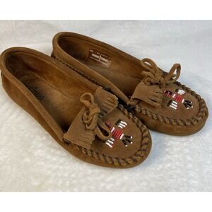 VTG Minnetonka Beaded Thunderbird Suede Moccasins Brown Size 8.5 Women's